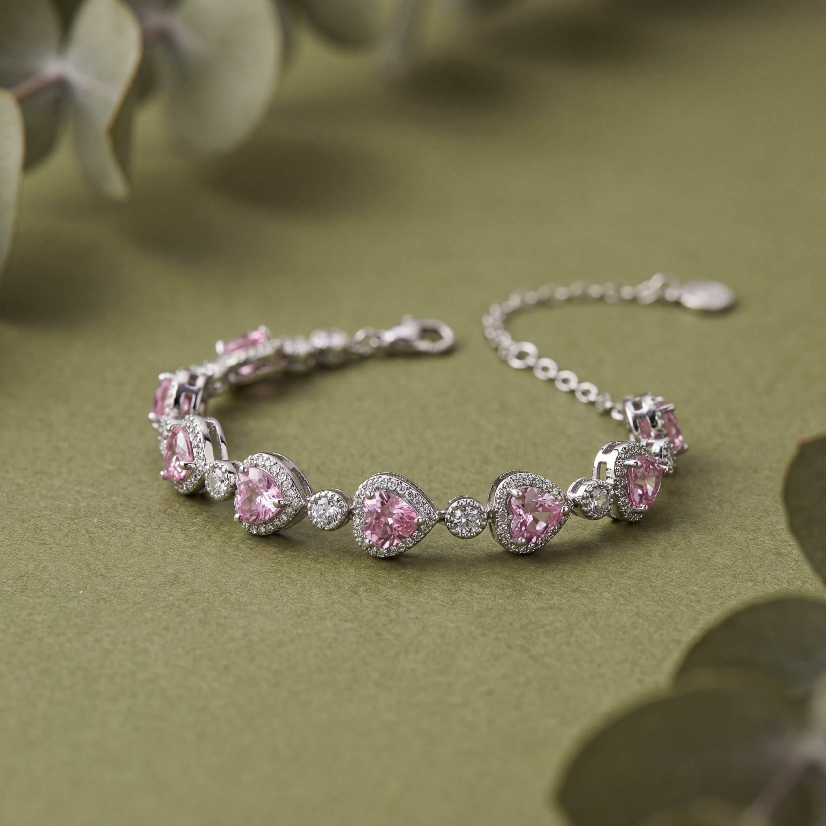 Elegant Pink Heart Bracelet in 925 Sterling Silver