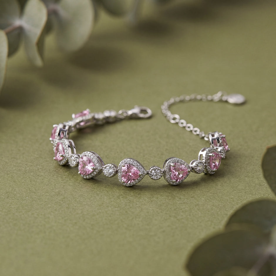 Elegant Pink Heart Bracelet in 925 Sterling Silver