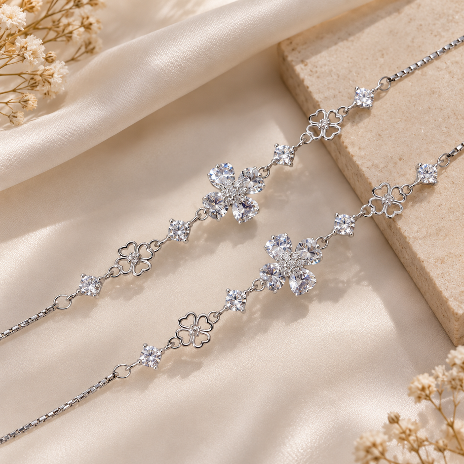 925 Silver Crystal Blossom Anklet For Anniversary Gift