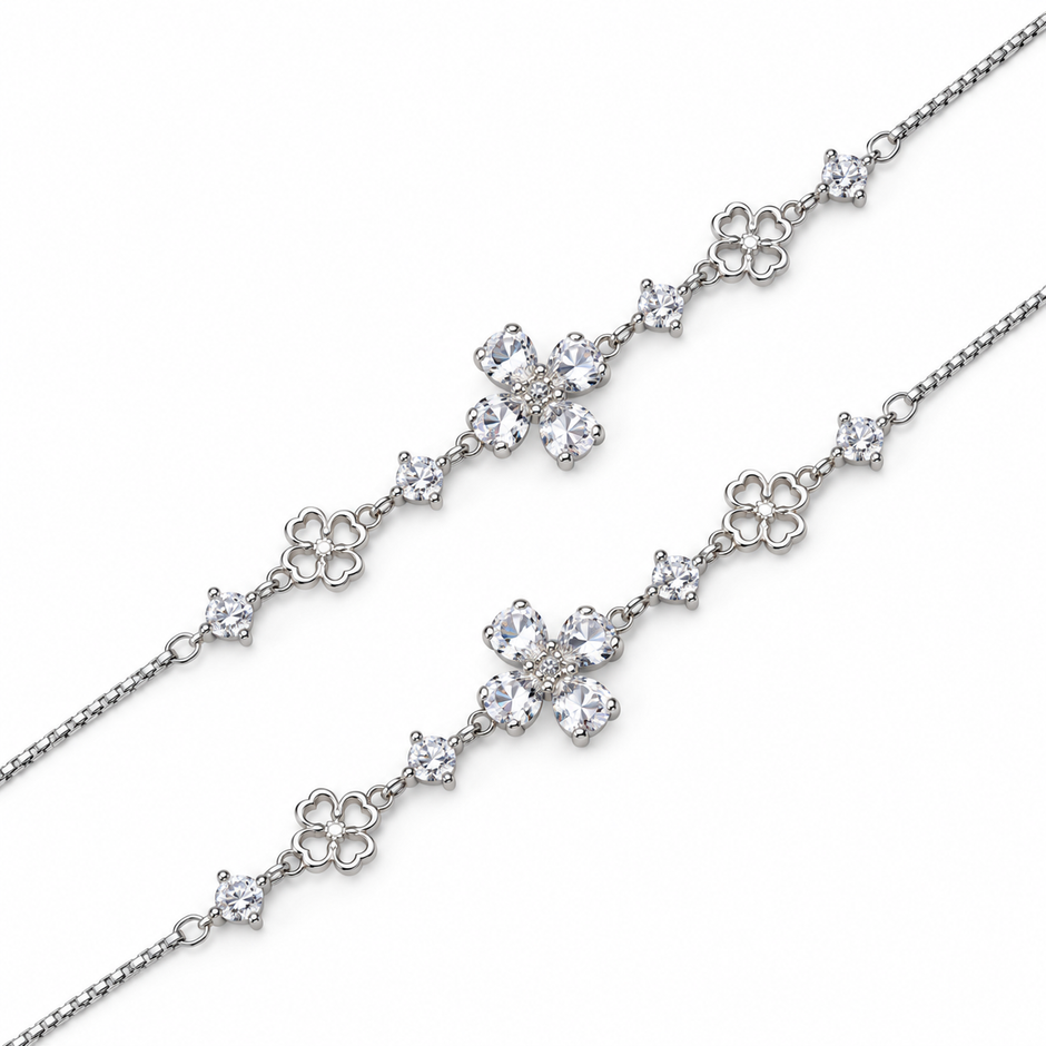 925 Silver Crystal Blossom Anklet For Anniversary Gift