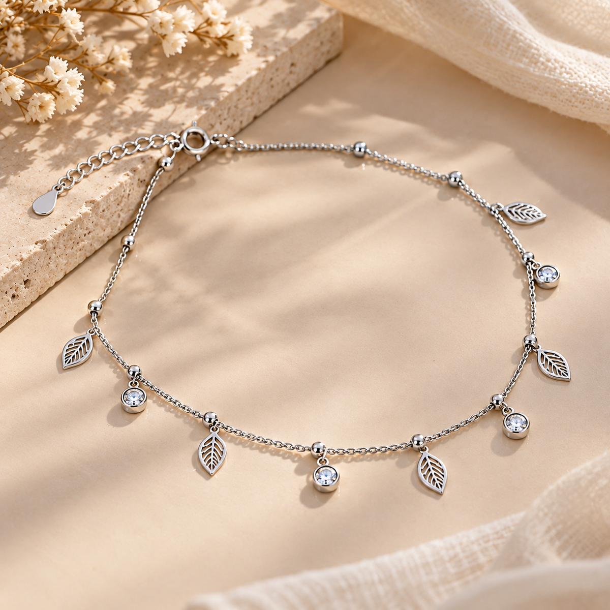 Elegant Silver Leaf Charm Anklet