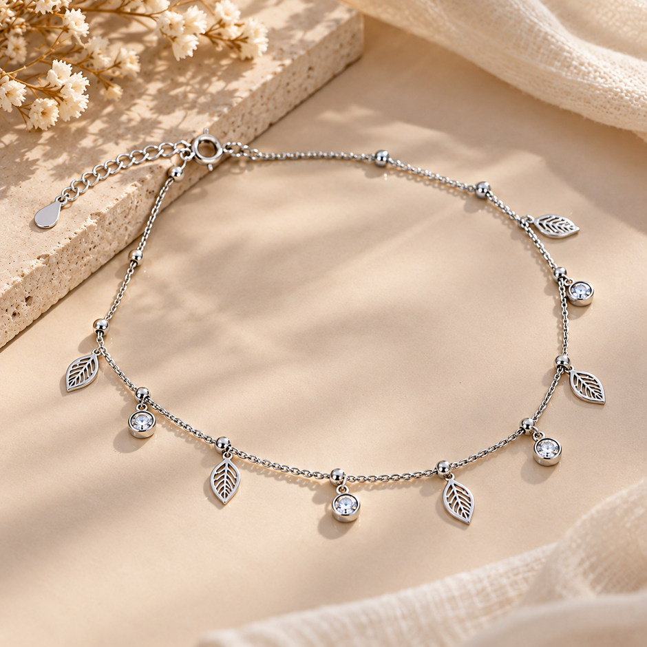 Elegant Silver Leaf Charm Anklet