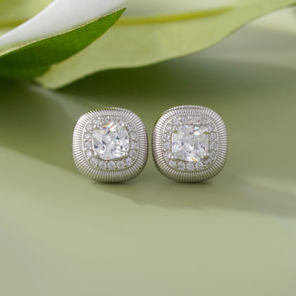 Elegant Square White Stones 925 Sterling Silver Stud Earrings for Women