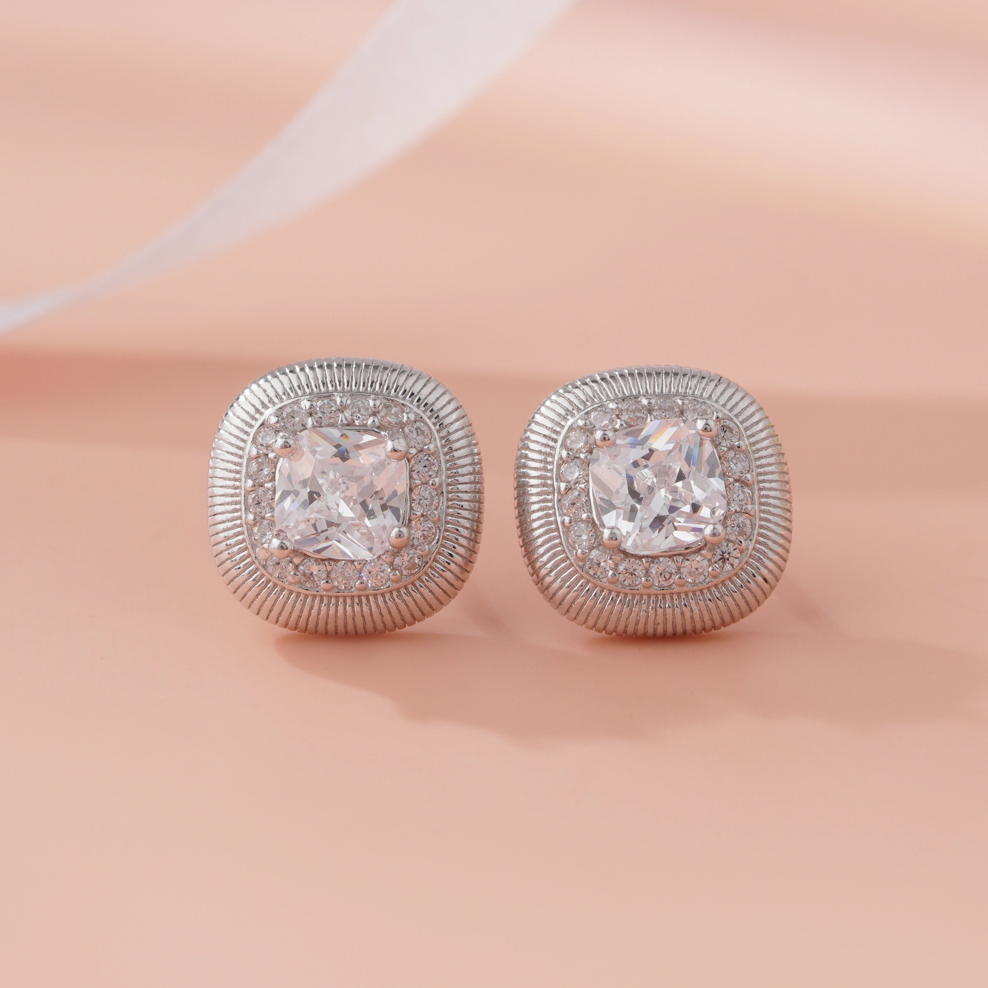Elegant Square White Stones 925 Sterling Silver Stud Earrings for Women