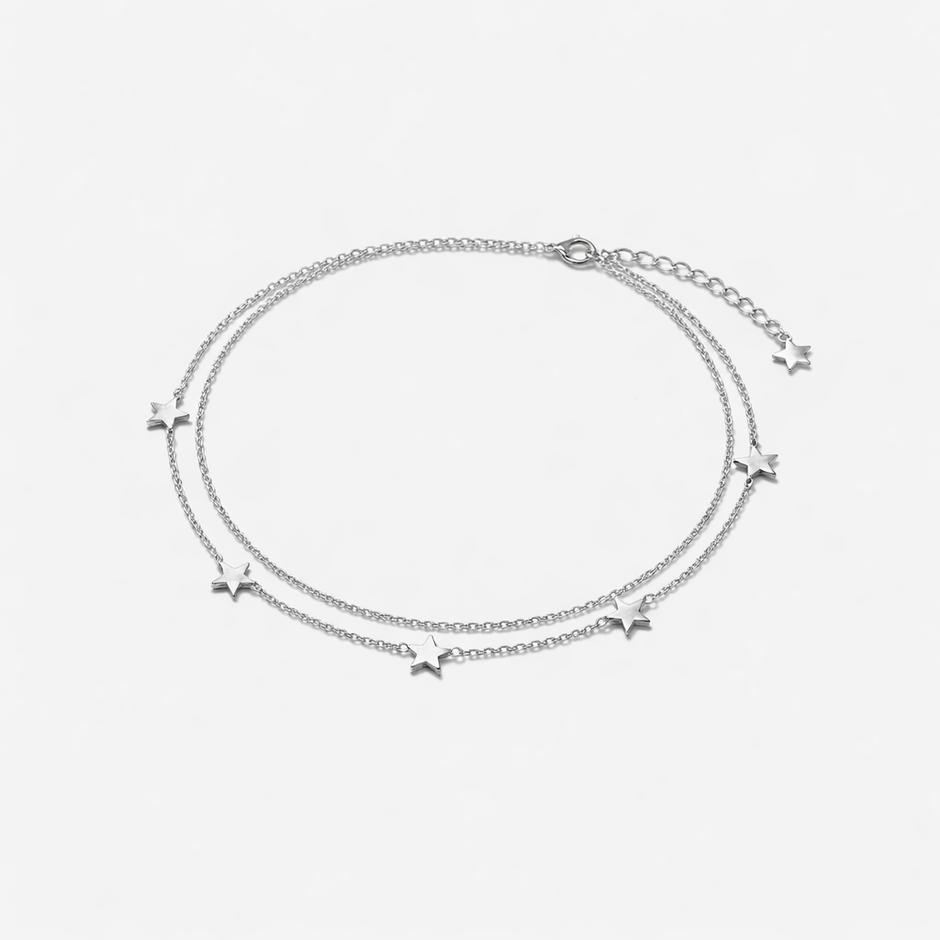 Layered Star Charm Silver Anklet for Women