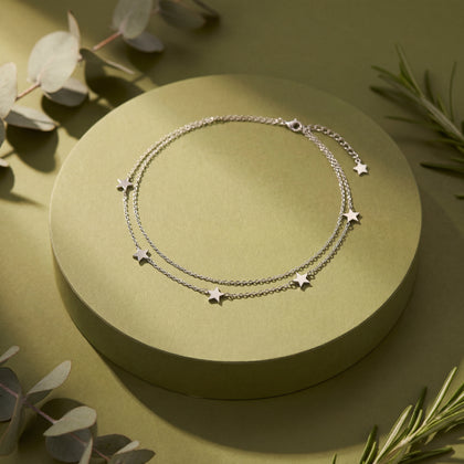 Layered Star Charm Silver Anklet for Women