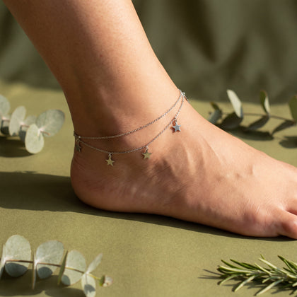 Layered Star Charm Silver Anklet for Women