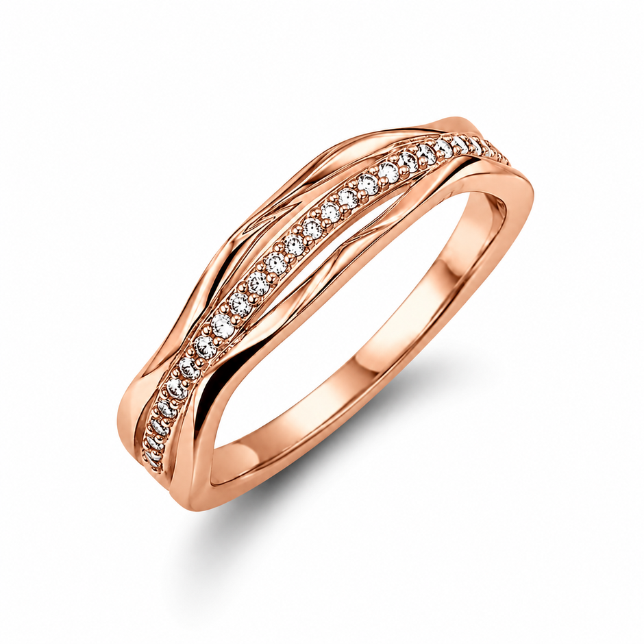 925 Sterling Silver Rose Gold Curved CZ Pavé Band Ring on Crystal Stone.