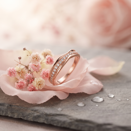 925 Sterling Silver Rose Gold Curved CZ Pavé Band Ring on Crystal Stone.