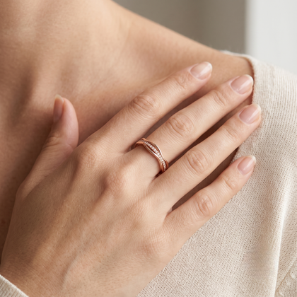 925 Sterling Silver Rose Gold Curved CZ Pavé Band Ring on Crystal Stone.