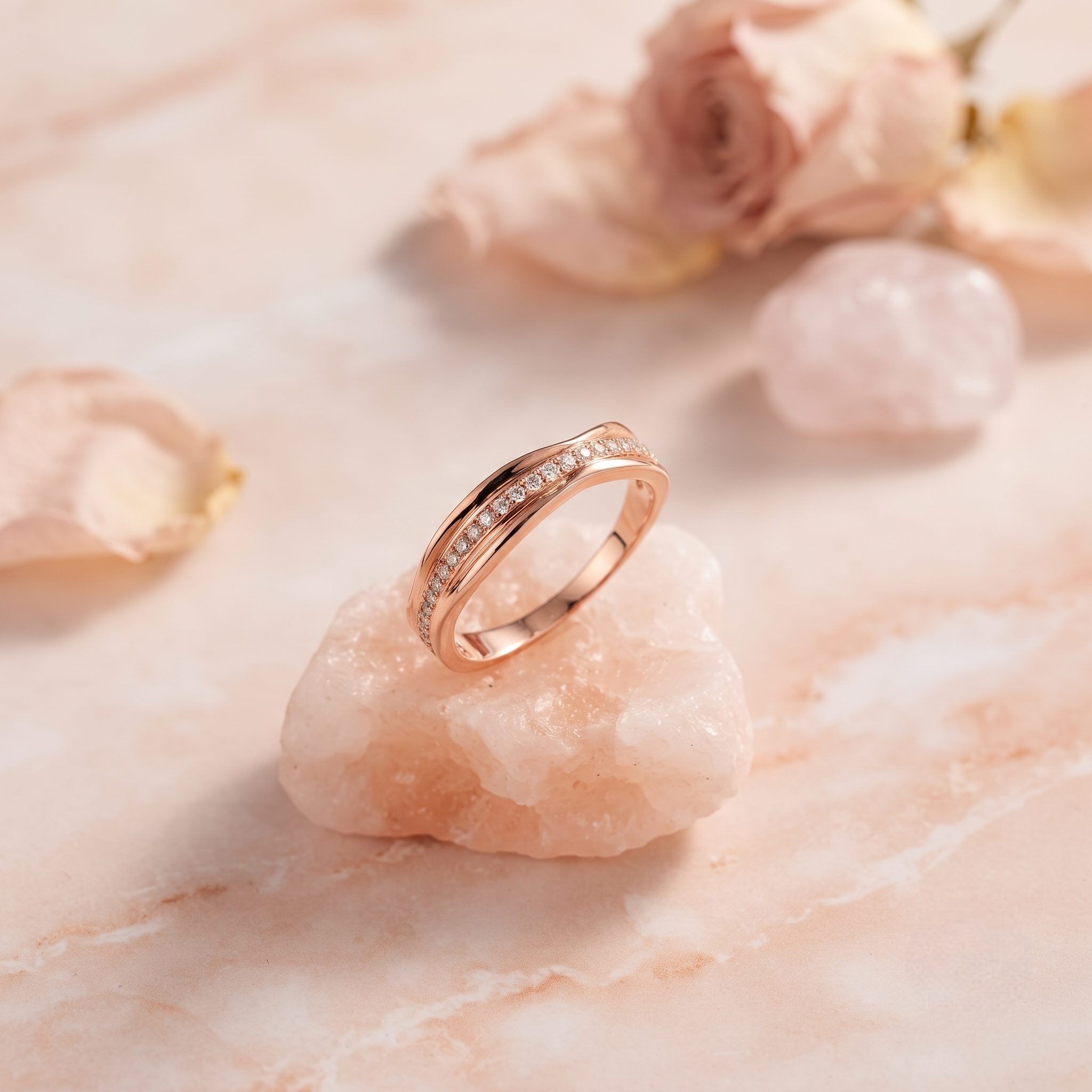 925 Sterling Silver Rose Gold Curved CZ Pavé Band Ring on Crystal Stone.