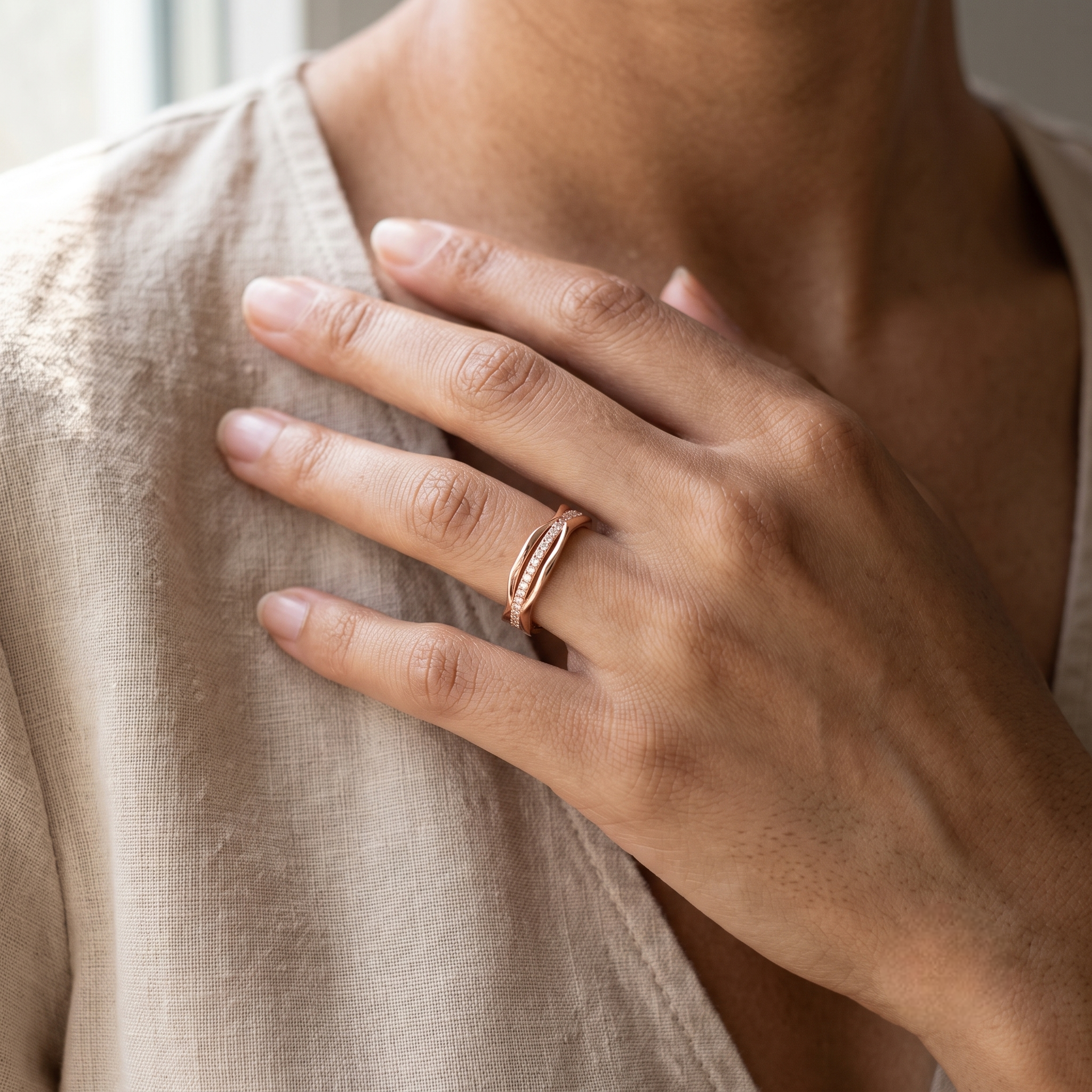 925 Sterling Silver Rose Gold Curved CZ Pavé Band Ring on Crystal Stone.