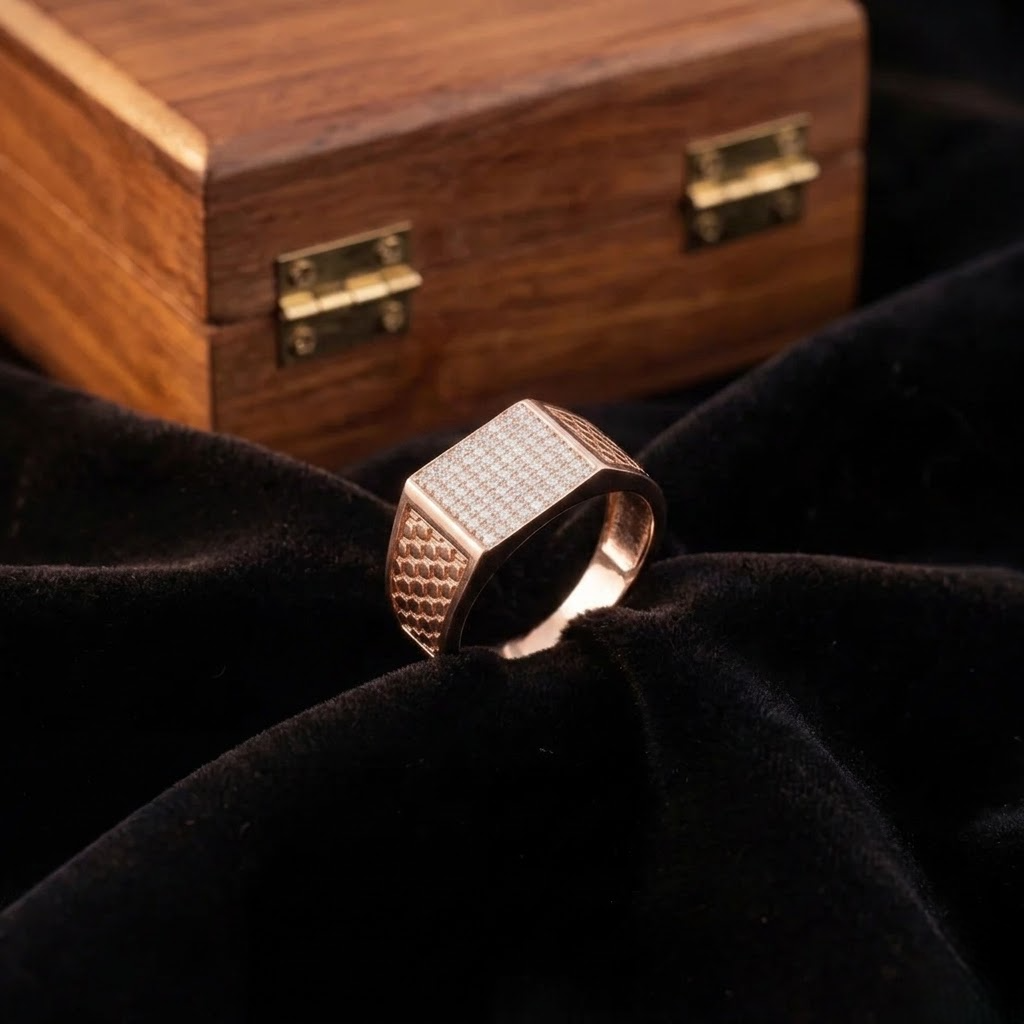 Bold Luxe Diamond CZ Rose Gold Plated 925 Sterling Silver Ring for Men | Honeycomb Geometric Statement Ring with Pave CZ Stones | Premium Designer Jewellery for Him