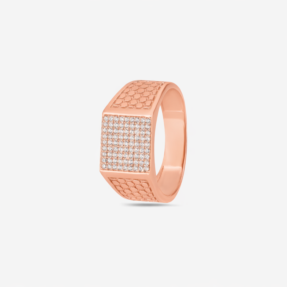 Bold Luxe Diamond CZ Rose Gold Plated 925 Sterling Silver Ring for Men | Honeycomb Geometric Statement Ring with Pave CZ Stones | Premium Designer Jewellery for Him