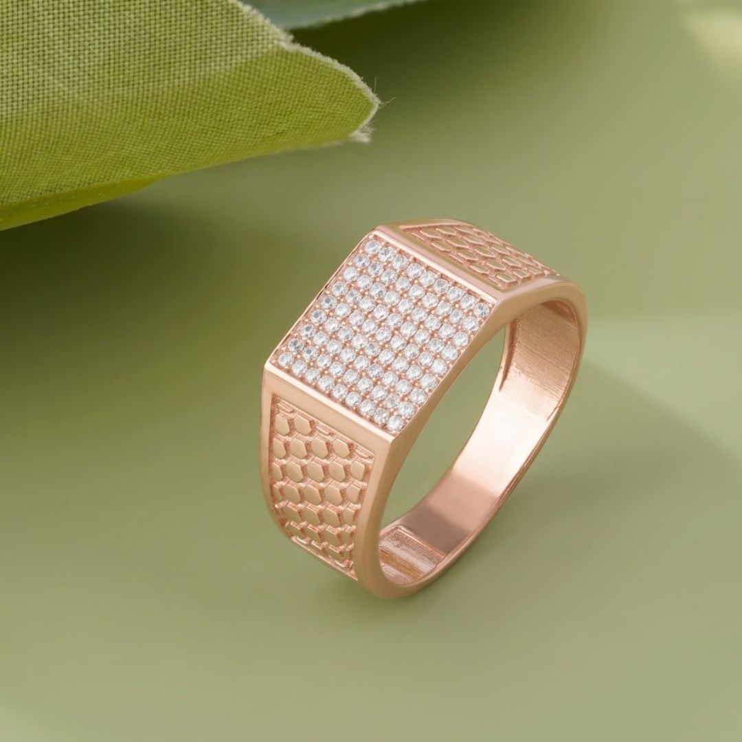 Bold Luxe Diamond CZ Rose Gold Plated 925 Sterling Silver Ring for Men | Honeycomb Geometric Statement Ring with Pave CZ Stones | Premium Designer Jewellery for Him