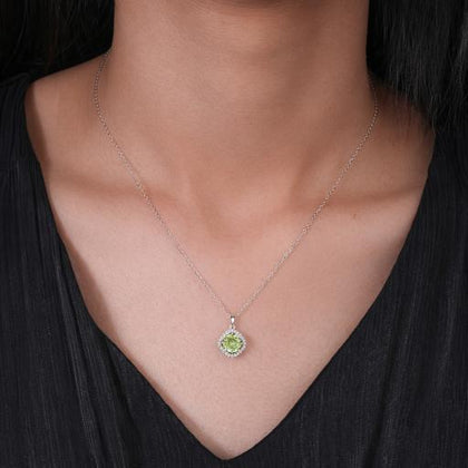 Elegant Halo Green Stone 925 Silver Pendant Necklace