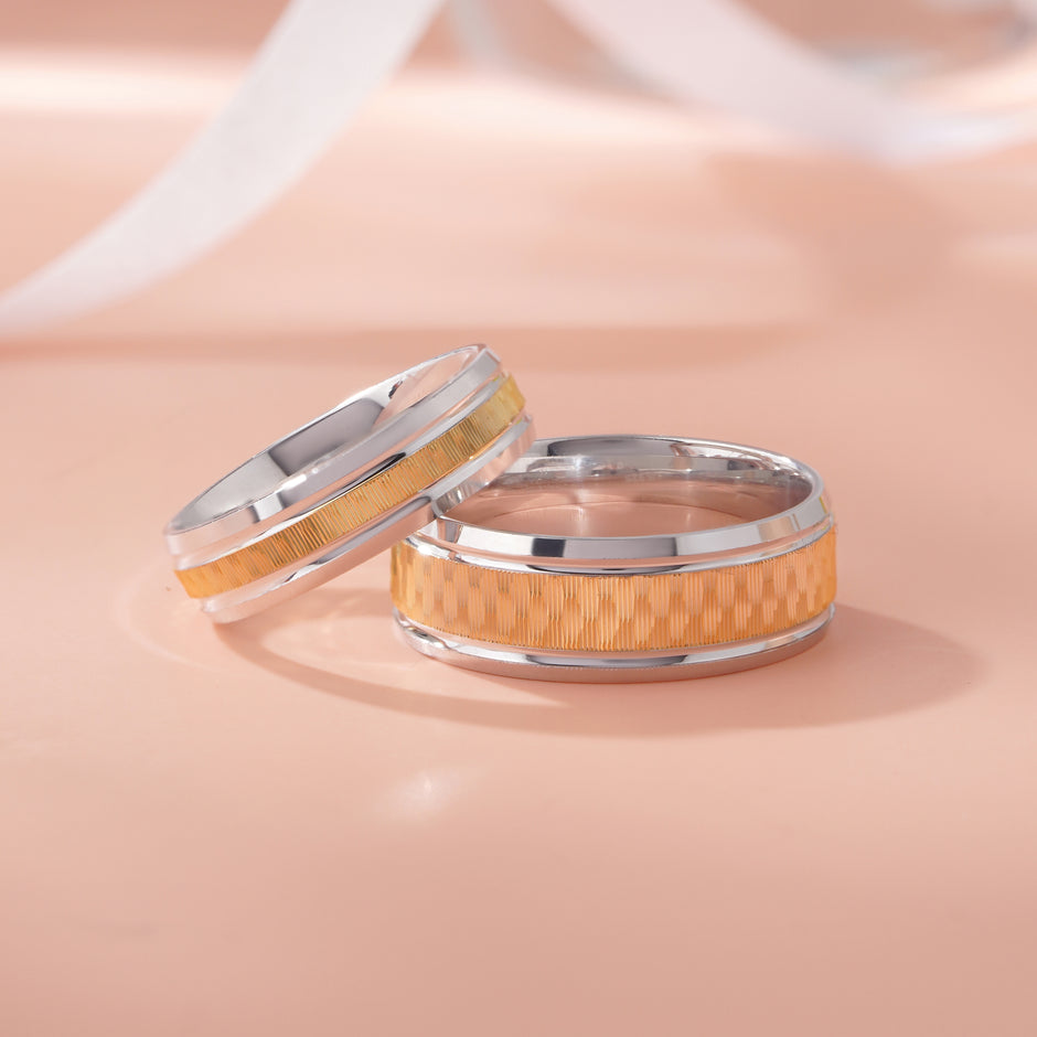 Elegant Gold & Silver Couple Rings with Textured Finish – Contemporary Band Design
