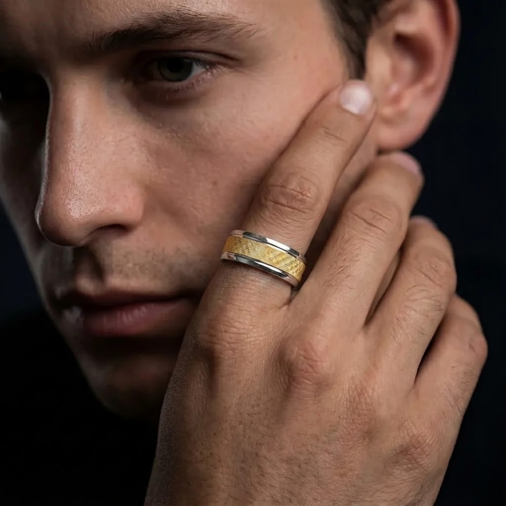 925 Sterling Silver Mens Band Ring with Textured Gold Center – Luxury Everyday Fashion Ring