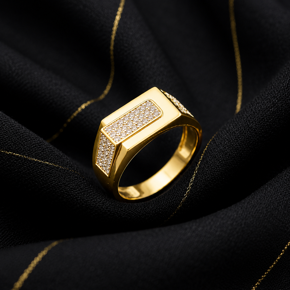 Luxury Gold Finish Statement Ring for Men with Rectangular CZ Design