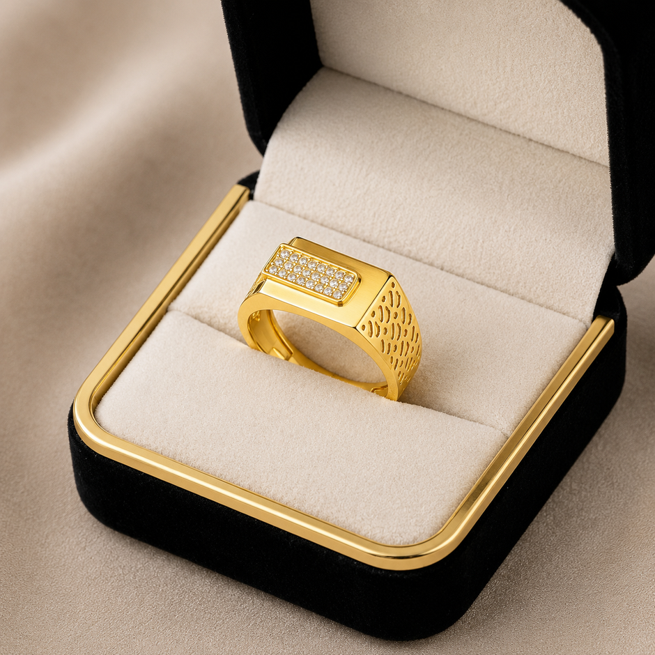 Luxury Gold Finish Statement Ring for Men with Rectangular CZ Design