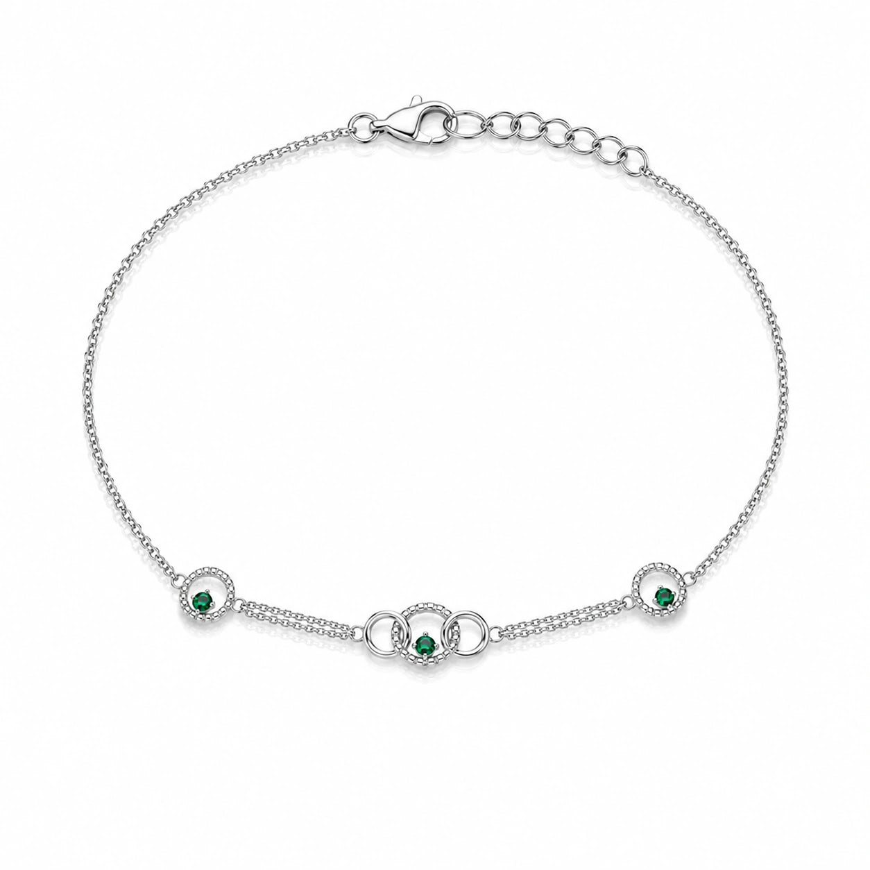 925 Sterling Silver Interlocking Circle Green Stone Bracelet for Women