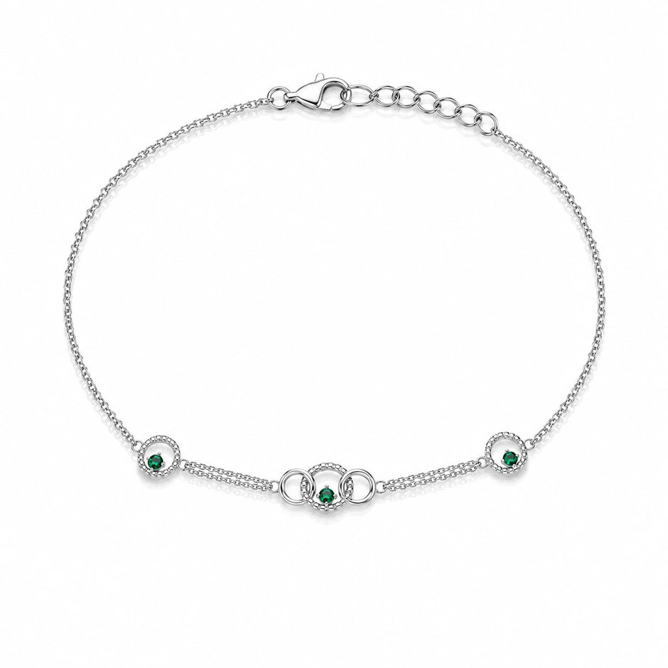 925 Sterling Silver Interlocking Circle Green Stone Bracelet for Women