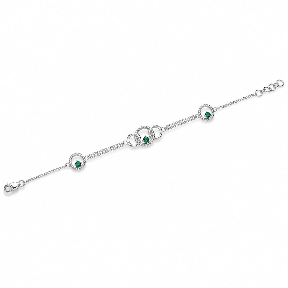 925 Sterling Silver Interlocking Circle Green Stone Bracelet for Women