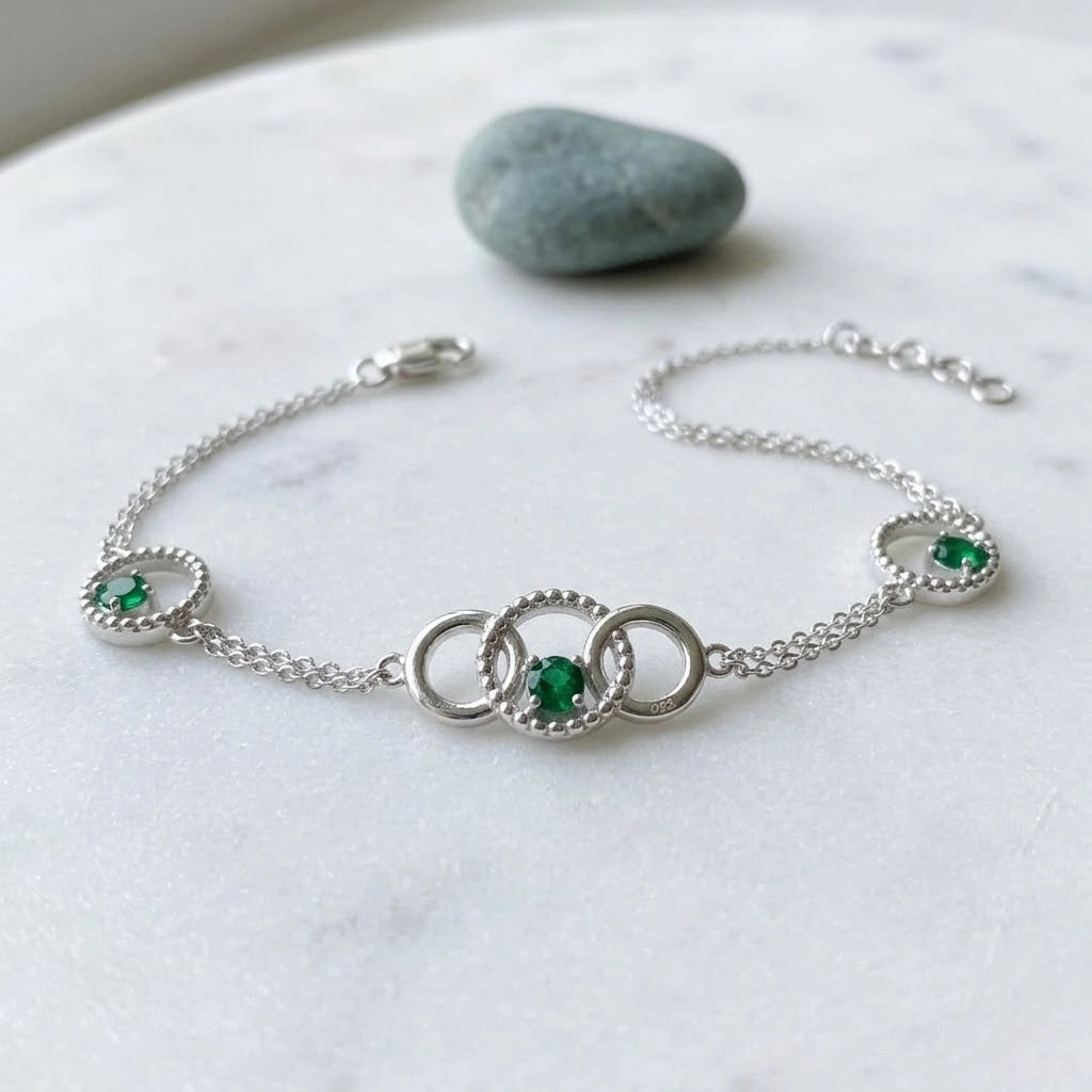 925 Sterling Silver Interlocking Circle Green Stone Bracelet for Women