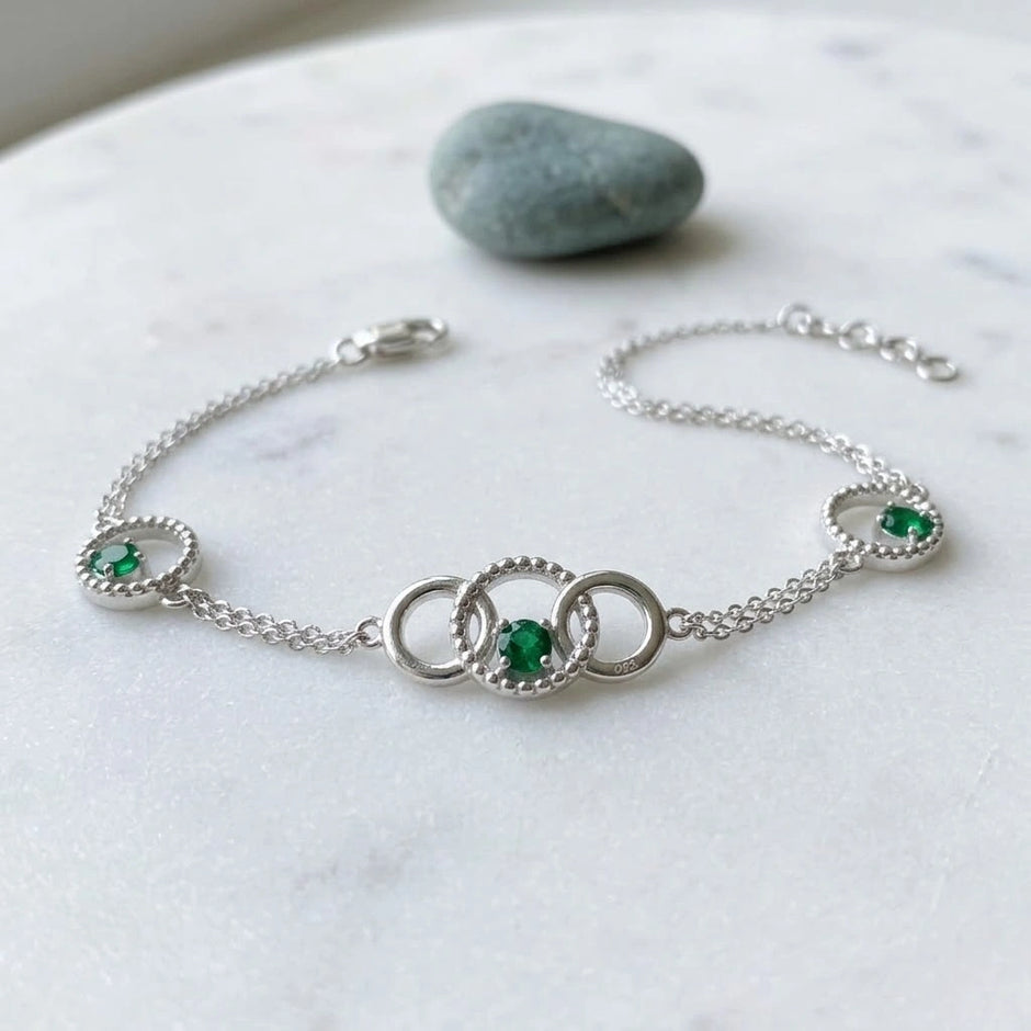 925 Sterling Silver Interlocking Circle Green Stone Bracelet for Women