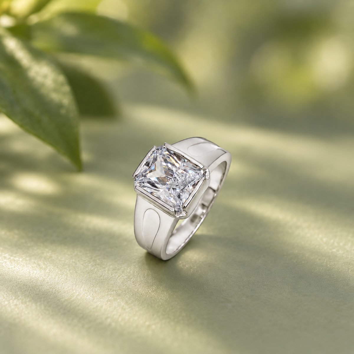 Silver ring with a large rectangular clear stone and engraved geometric band.