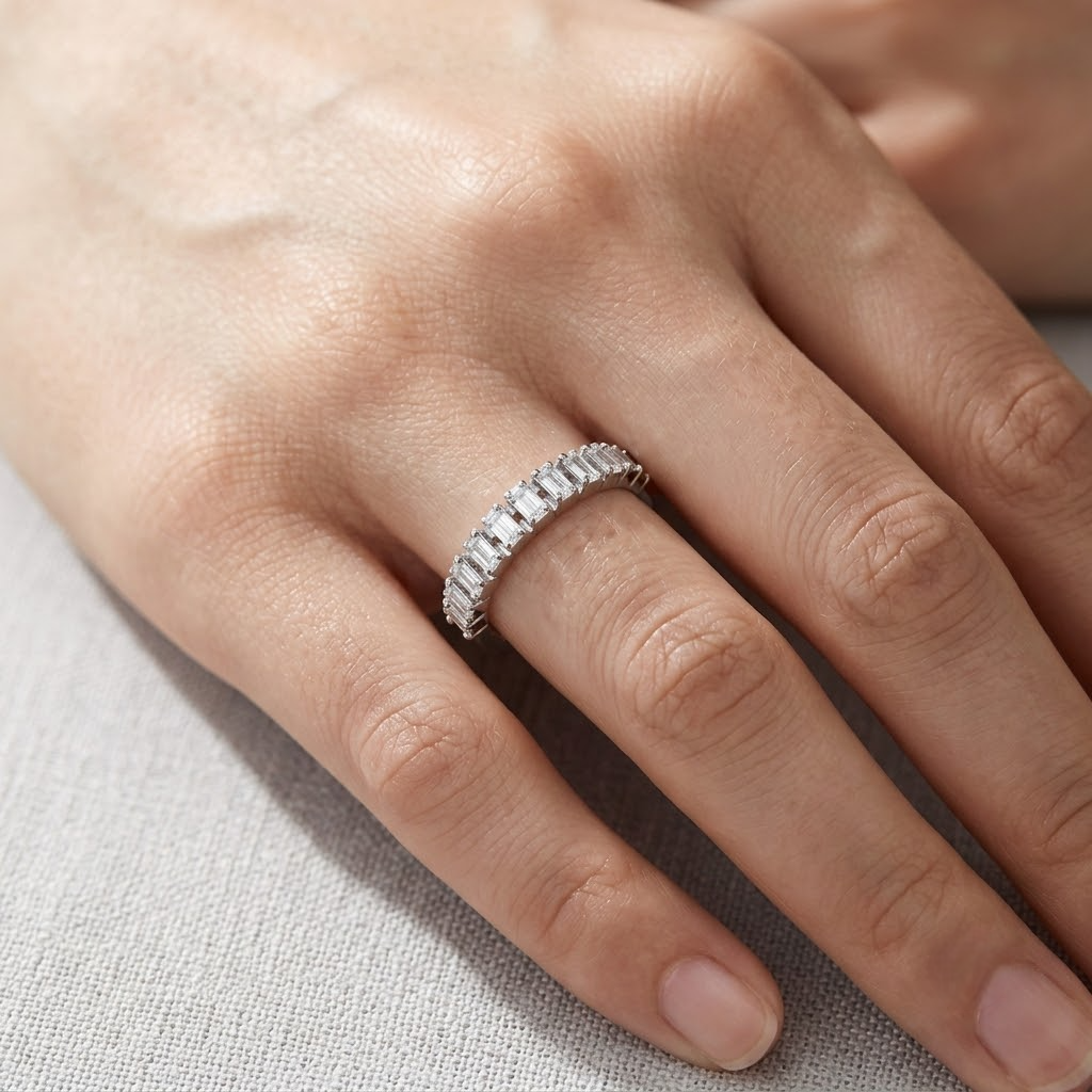Emerald Cut CZ Half Eternity Ring in 925 Sterling Silver for Women