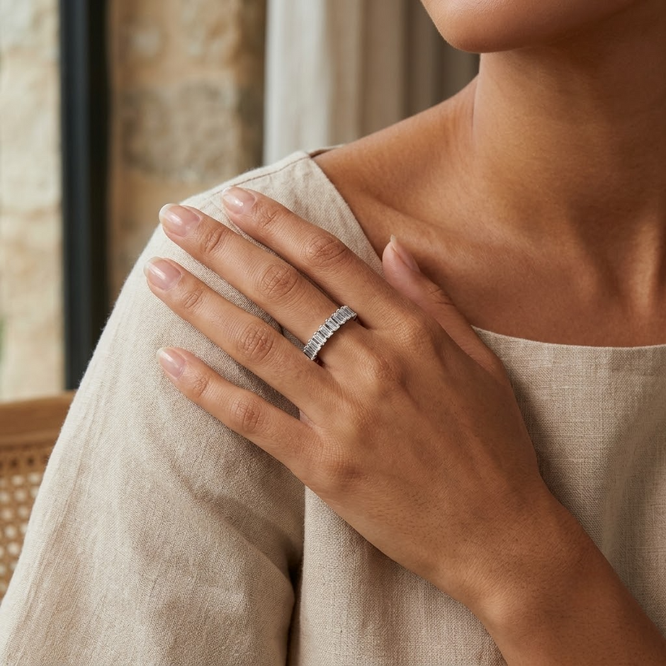 Emerald Cut CZ Half Eternity Ring in 925 Sterling Silver for Women