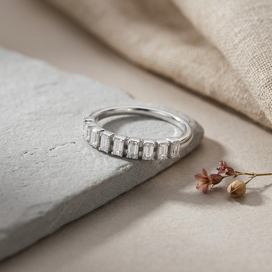 Emerald Cut CZ Half Eternity Ring in 925 Sterling Silver for Women