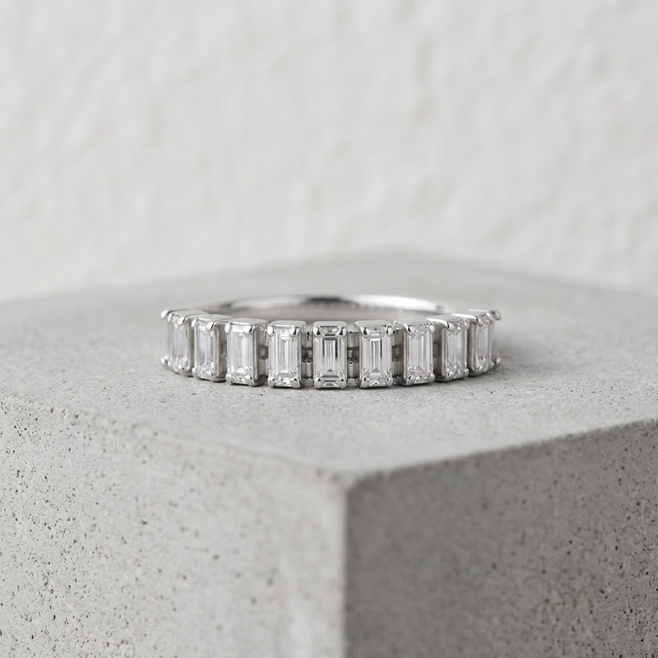 Emerald Cut CZ Half Eternity Ring in 925 Sterling Silver for Women