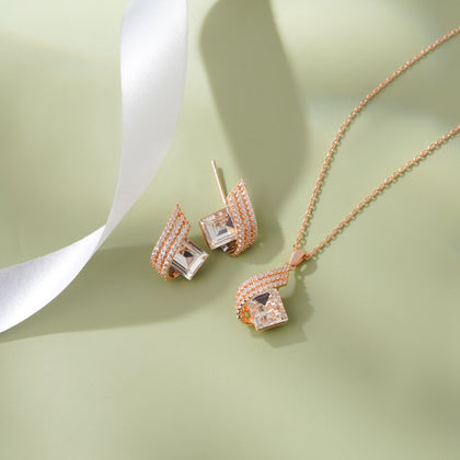 Emerald Cut Diamond 925 Sterling Silver Rose Gold Pendant Set for Women