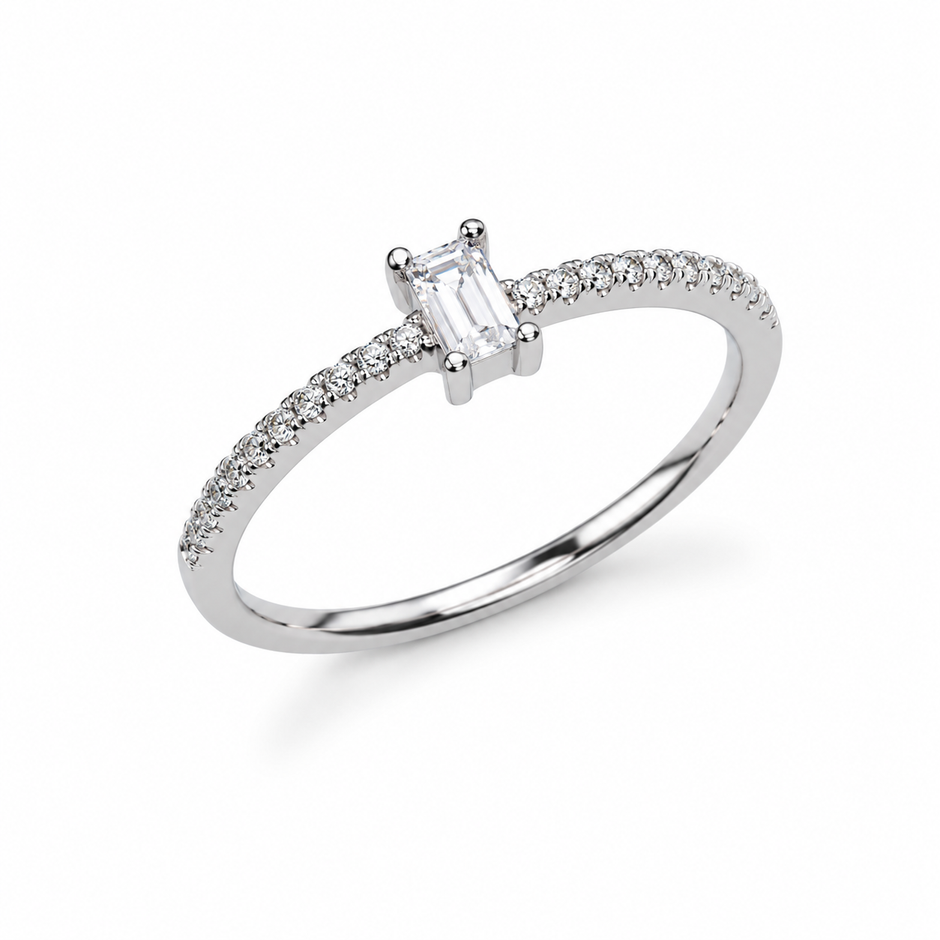 925 Sterling Silver Emerald Cut Solitaire CZ Ring with Pavé Band on Black Stone Display
