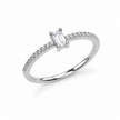 925 Sterling Silver Emerald Cut Solitaire CZ Ring with Pavé Band on Black Stone Display