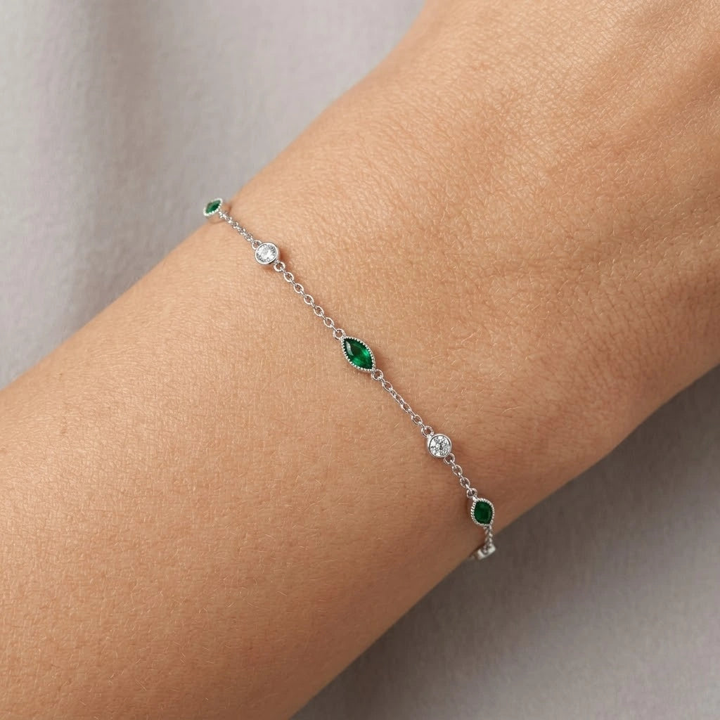 Emerald Evil Eye 925 Sterling Silver Bracelet for Women