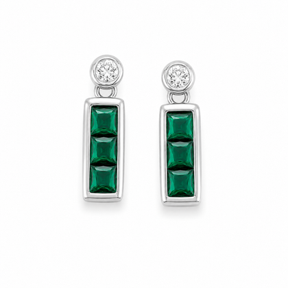 925 Sterling Silver Emerald Green Baguette Drop Earrings for Women