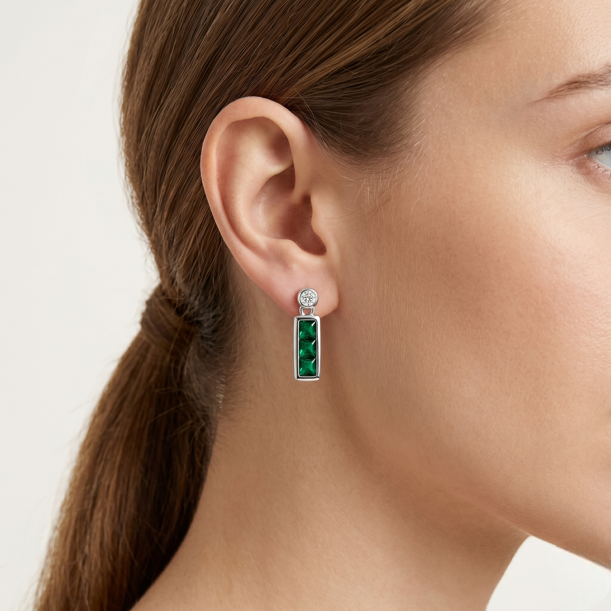 925 Sterling Silver Emerald Green Baguette Drop Earrings for Women