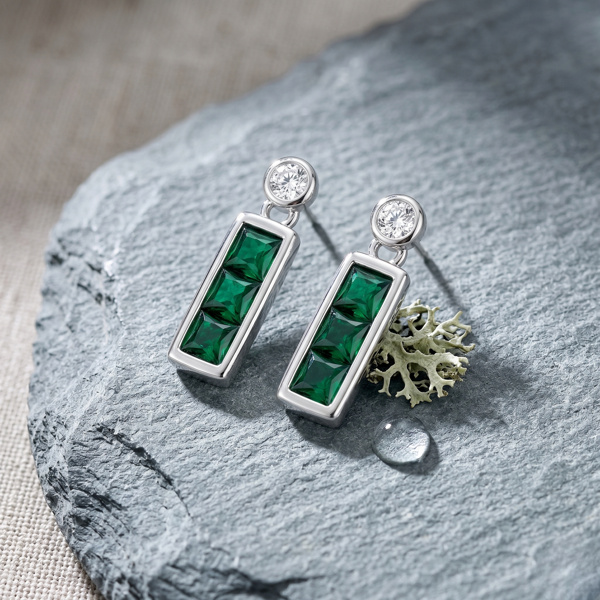 925 Sterling Silver Emerald Green Baguette Drop Earrings for Women