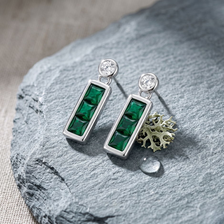 925 Sterling Silver Emerald Green Baguette Drop Earrings for Women