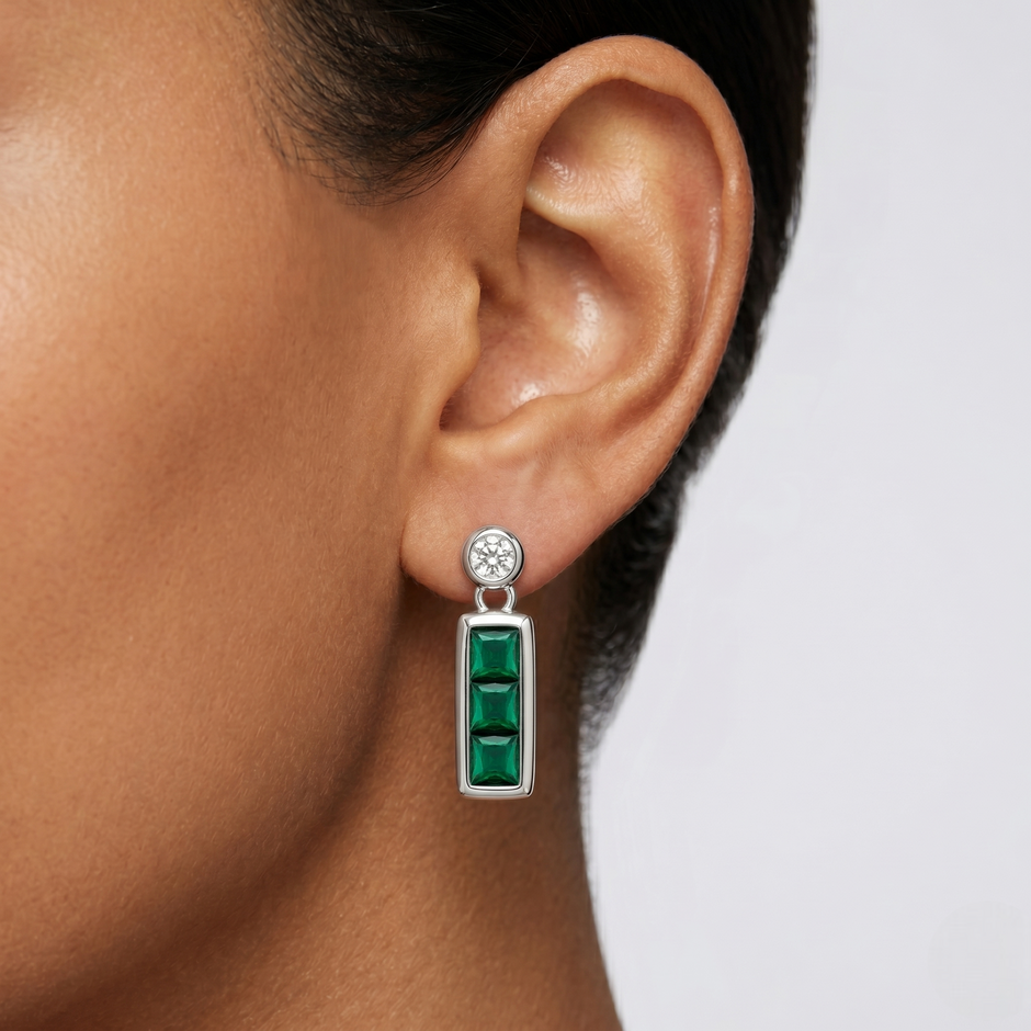 925 Sterling Silver Emerald Green Baguette Drop Earrings for Women