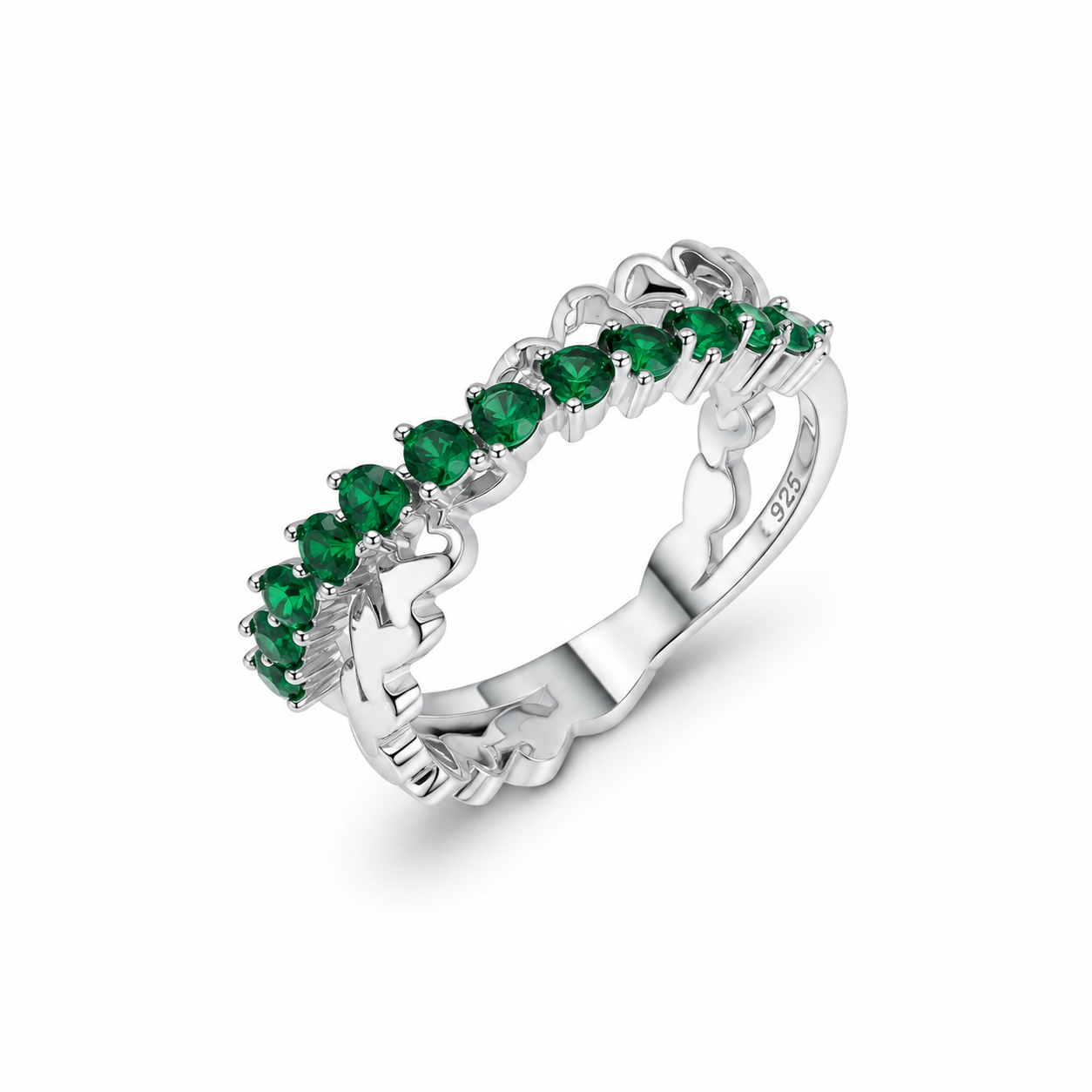 925 Sterling Silver Heart Eternity Ring with Green CZ Stones