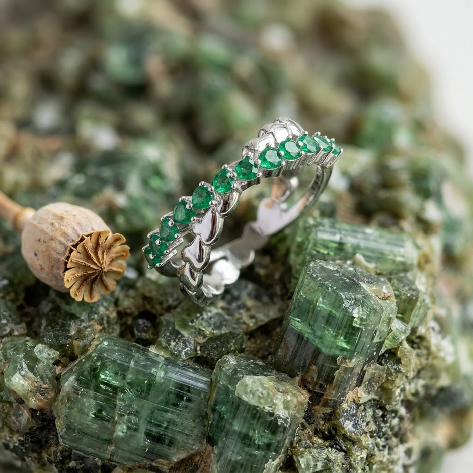 925 Sterling Silver Heart Eternity Ring with Green CZ Stones
