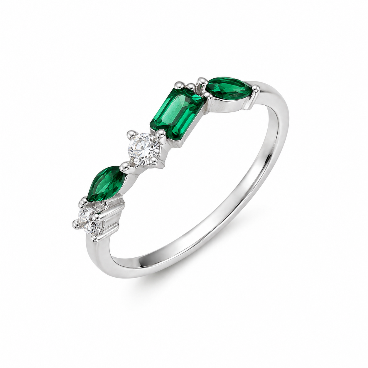 925 Sterling Silver Open Ring with Green Emerald CZ Stones and White Cubic Zirconia