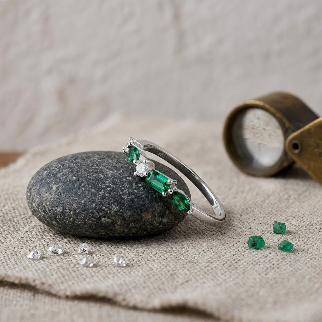 925 Sterling Silver Open Ring with Green Emerald CZ Stones and White Cubic Zirconia