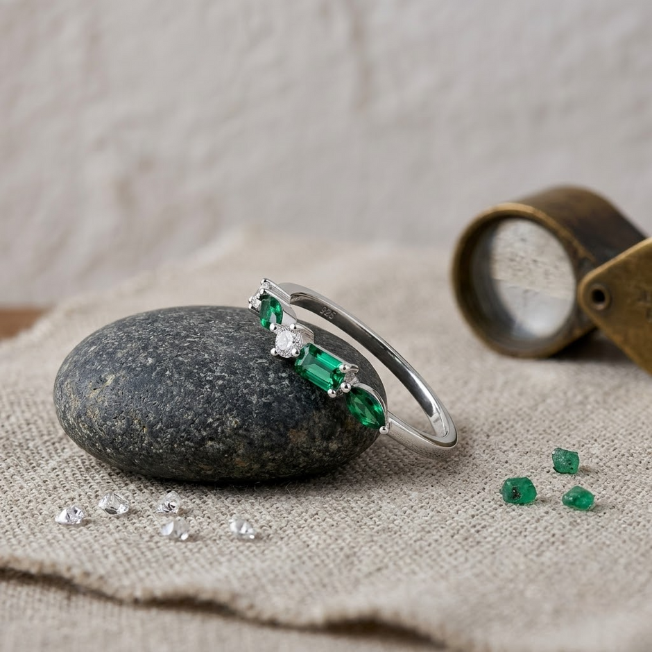 925 Sterling Silver Open Ring with Green Emerald CZ Stones and White Cubic Zirconia
