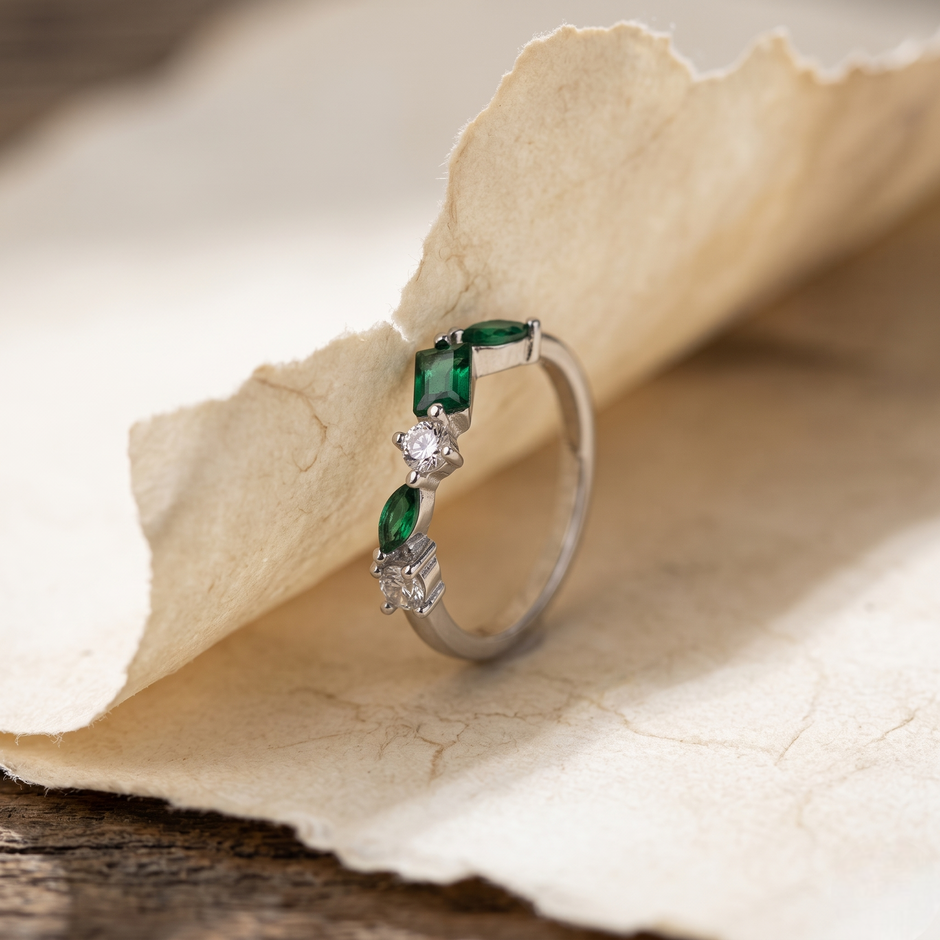 925 Sterling Silver Open Ring with Green Emerald CZ Stones and White Cubic Zirconia