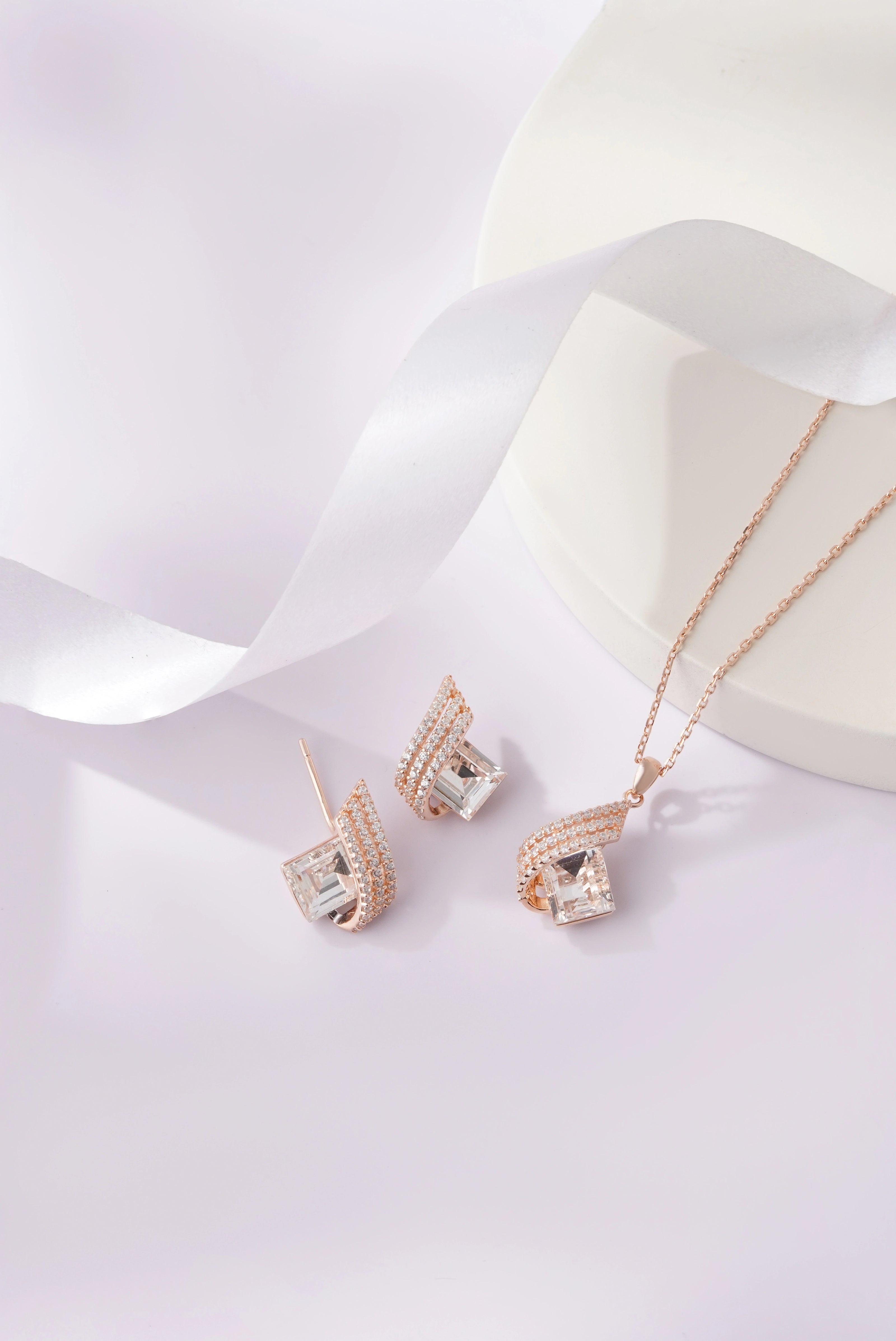 Emerald Cut Diamond 925 Sterling Silver Rose Gold Pendant Set for Women